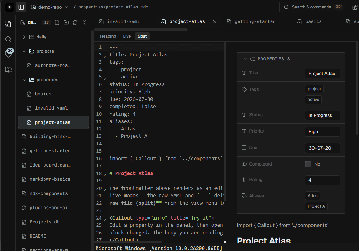 Neuron split editor with a live Properties panel beside raw MDX