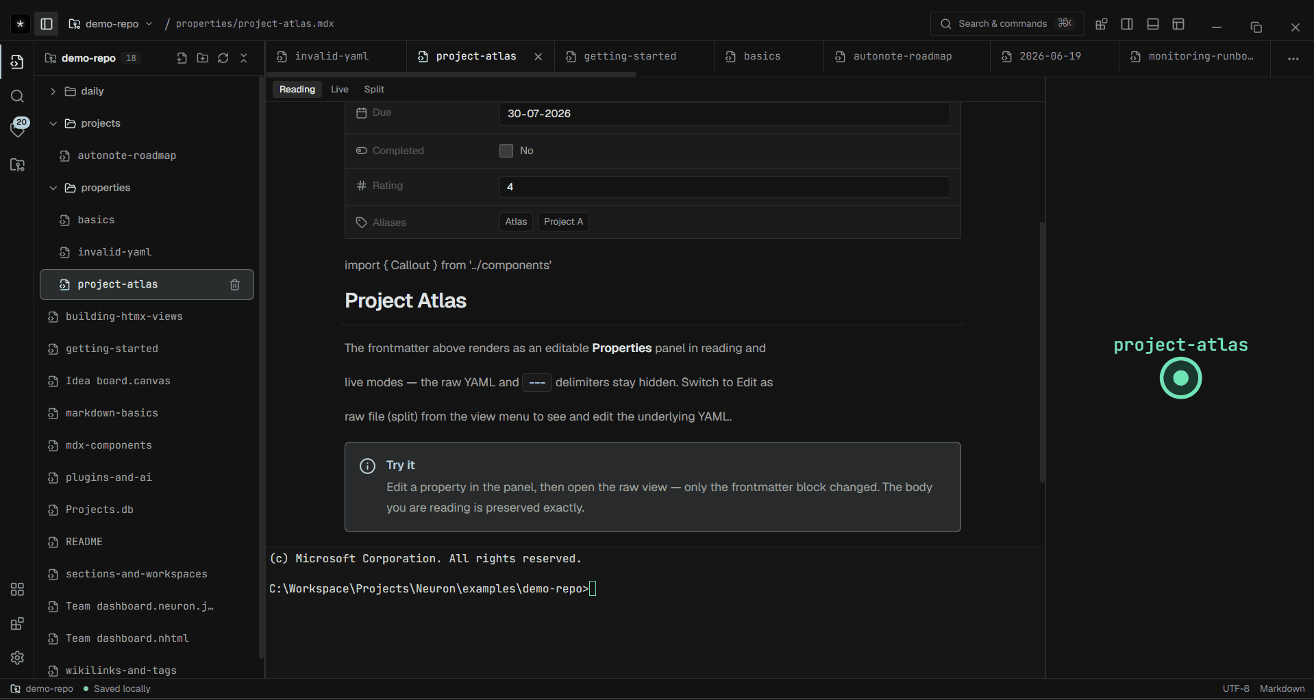 Neuron reading mode showing editable properties and an MDX callout