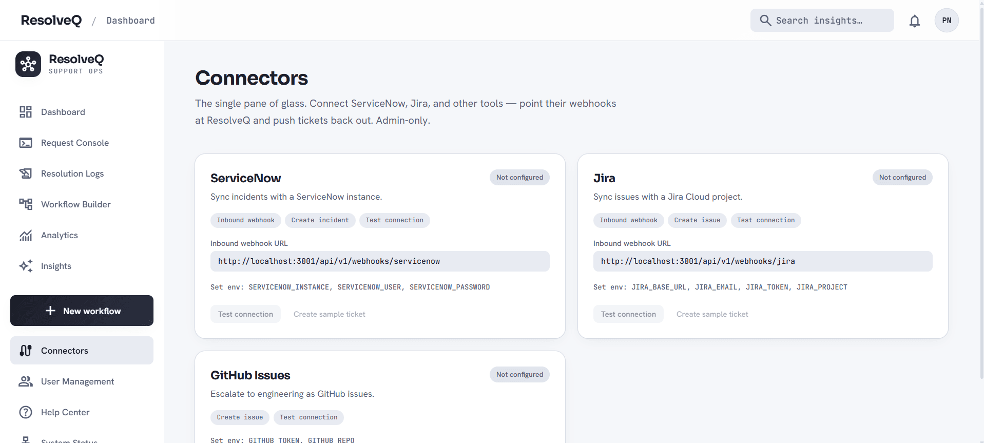 ResolveQ connectors page with ServiceNow, Jira and GitHub